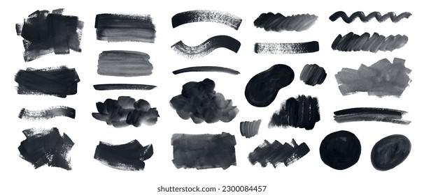 Conjunto de pintura negra, trazos de pincel de tinta, cajas, marcos, líneas, manchas. Vector sucio, elementos de diseño artístico, fondos, texturas.