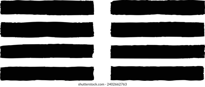 Setzen Sie schwarze Farbe, Tintenbürste, Pinselstriche, Pinsel, Linien, Rahmen, Grungy. Grungy-Pinselsammlung. Tintenfische, farbige Linien, künstlerische