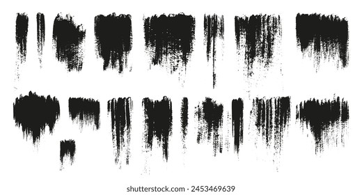 Set of black paint, ink brush strokes, boxes, frames, lines, smudges. Vector dirty, grunge artistic design elements, backgrounds, textures.