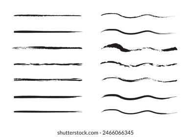 Set of black paint, ink brush strokes, brushes, lines. Dirty artistic design elements, boxes, frames for text.