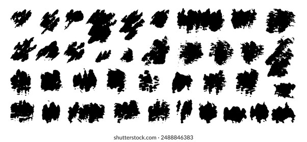 Set of black paint, ink brush strokes, boxes, frames, lines, smudges. Vector dirty, grunge artistic design elements, backgrounds, textures.