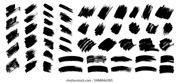Conjunto de pintura negra, pinceladas de tinta, cajas, marcos, líneas, manchas. Vector sucio, grunge Elementos de diseño artísticos, fondos, texturas.