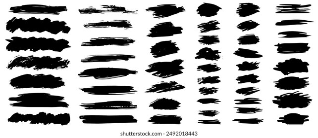 Set of black paint, ink brush strokes, brushes, lines. Dirty artistic design elements, boxes, frames for text. Vector illustration.