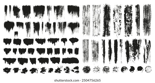 Set of black paint, ink brush strokes, boxes, frames, lines, smudges. Vector dirty, grunge artistic design elements, backgrounds, textures.