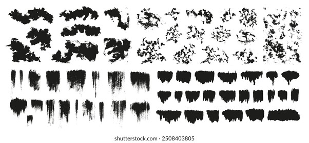 Set of black paint, ink brush strokes, boxes, frames, lines, smudges. Vector dirty, grunge artistic design elements, backgrounds, textures. Old wall patterns.