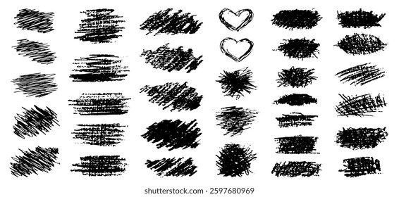 Set of black paint, ink brush strokes, brushes, lines. Dirty artistic design elements, boxes, frames for text. Vector illustration.