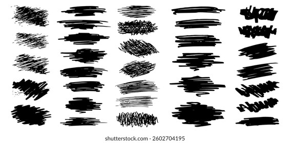 Set of black paint, ink brush strokes, brushes, lines. Dirty artistic design elements, boxes, frames for text. Vector illustration.