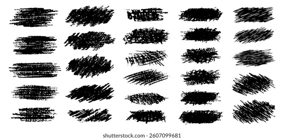 Set of black paint, ink brush strokes, brushes, lines. Dirty artistic design elements, boxes, frames for text. Vector illustration.
