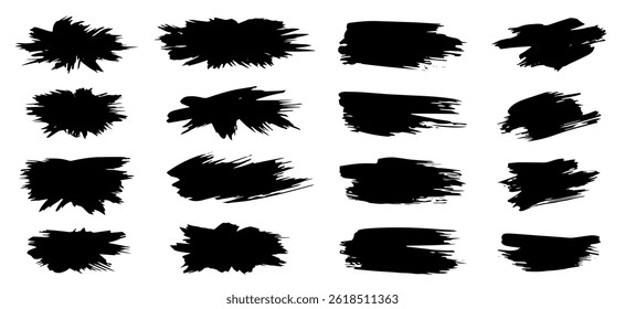 Set of black paint, ink brush strokes, brushes, lines. Dirty artistic design elements, boxes, frames for text. Vector illustration,