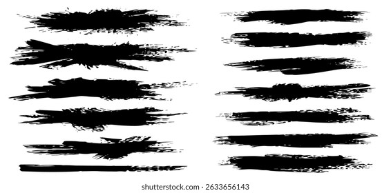 Set of black paint, ink brush strokes, brushes, lines. Dirty artistic design elements, boxes, frames for text. Vector illustration.