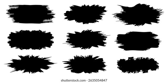 Set of black paint, ink brush strokes, brushes, lines. Dirty artistic design elements, boxes, frames for text. Vector illustration.