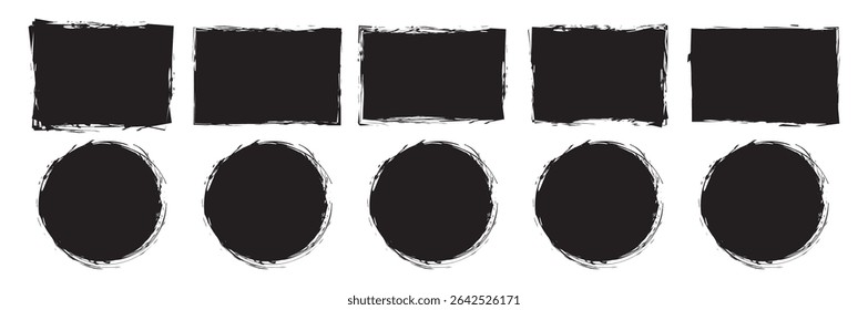 Set of black paint, ink brush strokes. Grunge circles. Rectangle shape brush strokes. Brush strokes frames elements, frames for design. Vector isolated on white background.