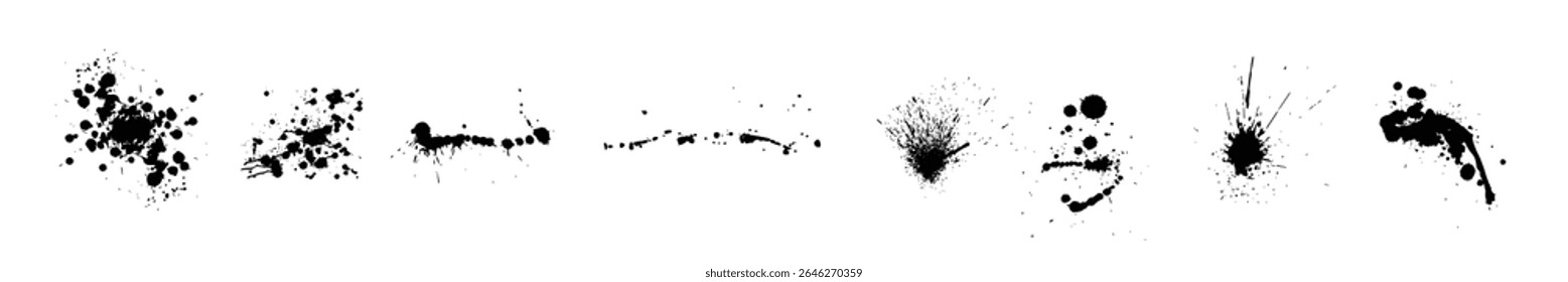 Conjunto de tinta preta, pinceladas de tinta, pincéis, linhas, sujo. Elementos de design artístico sujo abstrato, caixas, quadros. Ilustração vetorial. Isolado no fundo branco.