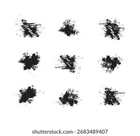 Conjunto de pintura negra, pinceladas de tinta aisladas sobre fondo blanco. Elementos gráficos Grunge. Anuncios de textura sucia. Salpicaduras de tinta. Ilustraciones vectoriales.