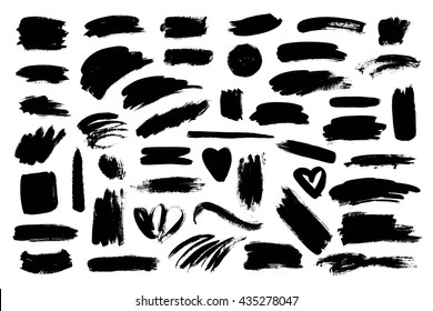 Set of black paint, ink brush strokes, grunge, dirty artistic design elements