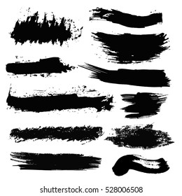 Set of black paint, ink brush strokes, brushes, lines. Dirty artistic design elements, boxes, frames.
