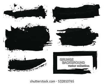 Set of black paint, ink brush strokes, brushes, lines. Dirty artistic design elements, boxes, frames