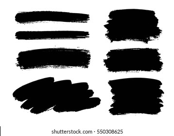 Set of black paint, ink brush strokes, brushes, lines. Dirty artistic design elements, boxes, frames, backgrounds. Place for text, quote, information.