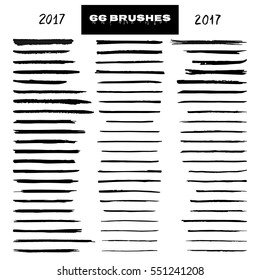 Set of black paint, ink brush strokes, lines, stripes, text 2017. Collection of artistic hand drawn brushes isolated on white background.