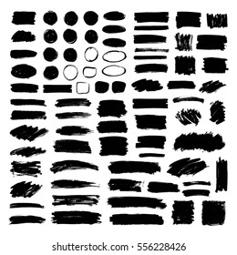 Set of black paint, ink brush strokes. Dirty artistic design elements, boxes, frames, backgrounds, textures.  