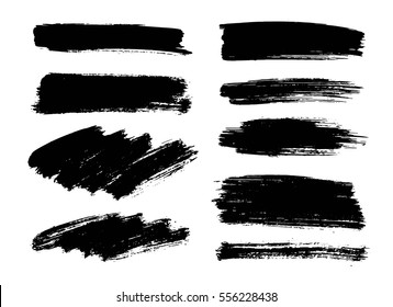 Conjunto de pinturas negras, trazos de pincel de tinta. Elementos de diseño artístico sucio, cuadros, marcos, fondos, texturas.      