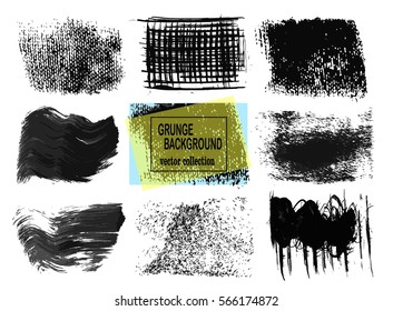 Set of black paint, ink brush strokes, brushes, lines. Dirty artistic design elements, boxes, frames for text.