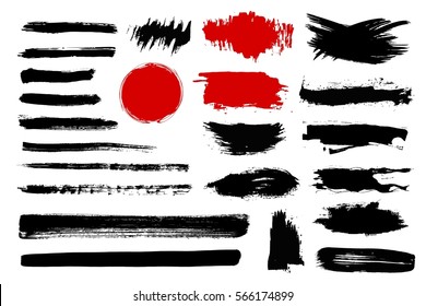 Set of black paint, ink brush strokes, brushes, lines. Dirty artistic design elements, boxes, frames for text