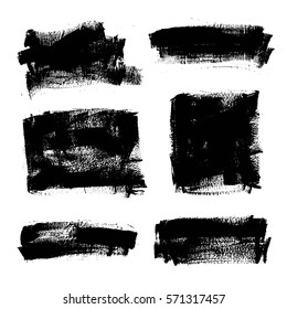 Set of black paint, ink brush strokes, backgrounds. Dirty artistic design elements, boxes, frames and place for text.