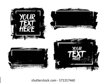 Set of black paint, ink brush strokes, backgrounds. Dirty artistic design elements, boxes, frames and place for text.