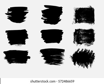 Conjunto de pintura negra, trazos de pincel de tinta, pinceles, líneas. Elementos de diseño artístico, cuadros, marcos para texto.