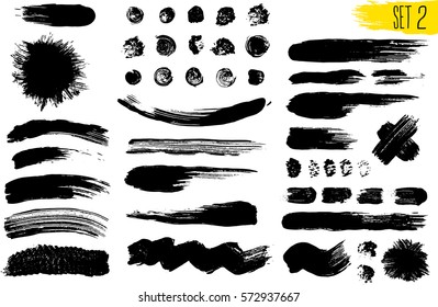 Set of black paint, ink brush strokes, brushes, lines. Dirty artistic design elements. Vector illustration. Isolated on white background. Freehand drawing.