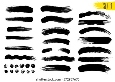 Set of black paint, ink brush strokes, brushes, lines. Dirty artistic design elements. Vector illustration. Isolated on white background. Freehand drawing.