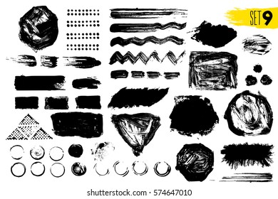 Set of black paint, ink brush strokes, brushes, lines. Dirty artistic design elements. Vector illustration. Isolated on white background. Freehand drawing.