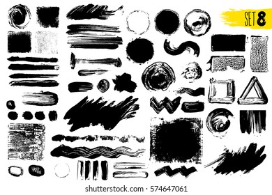 Set of black paint, ink brush strokes, brushes, lines. Dirty artistic design elements. Vector illustration. Isolated on white background. Freehand drawing.