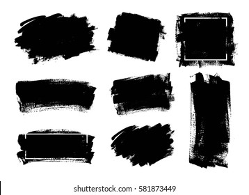 Set of black paint, ink brush strokes, brushes, lines. Dirty artistic design elements, boxes, frames for text. 