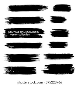 Set of black paint, ink brush strokes, brushes, lines. Grunge design elements, boxes, frames for text. Vector illustration.