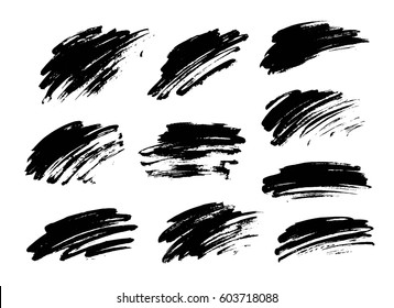 Set of black paint, ink brush strokes. Dirty artistic design elements, backgrounds, textures. 