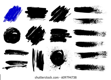 Set of black paint, ink brush strokes, brushes, lines. Dirty artistic design elements, boxes, frames for text.