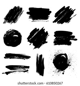 Set of black paint, ink brush strokes, brushes, lines. Dirty artistic design elements, boxes, frames for text.