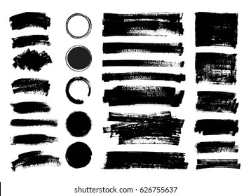 Set of black paint, ink brush strokes, brushes, lines, circles. Vector dirty, grunge artistic design elements, backgrounds, textures.