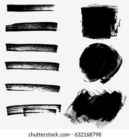 Set of black paint, ink brush strokes, brushes, lines. Dirty artistic design elements, boxes, frames for text.