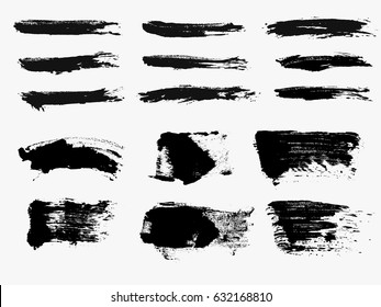 Satz schwarzer Farben, Pinselstriche, Pinsel, Linien. Schmutzige künstlerische Gestaltungselemente, Felder, Rahmen für Text.