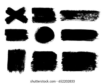 Set of black paint, ink brush strokes, brushes, lines. Dirty artistic design elements, boxes, frames for text.