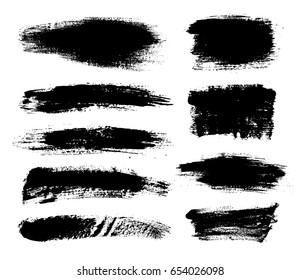 Set of black paint, ink brush strokes, brushes, lines. Dirty artistic design elements, boxes, frames for text