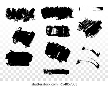 Set of black paint ink brush strokes. Dirty grunge artistic design elements isolated on transparent checkered background