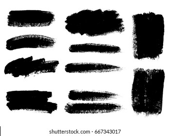 Set of black paint, ink brush strokes, brushes, lines. Dirty artistic design elements, boxes, frames for text.  Vector