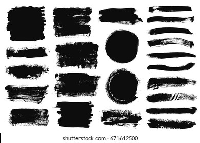 Set of black paint, ink brush strokes, brushes, lines. Dirty artistic design elements, boxes, frames for text