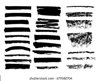 Set of black paint, ink brush strokes, brushes, lines. Dirty artistic design elements.