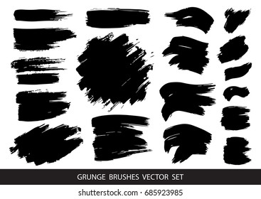 Set of black paint, ink brush strokes, brushes, lines. Dirty artistic design elements, boxes, frames for text. Vector illustration.