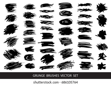 Set of black paint, ink brush strokes, brushes, lines. Dirty artistic design elements, boxes, frames for text. Vector illustration.